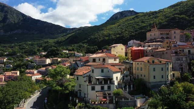 Medieval houses in the historic city center of Maratea in Europe, Italy, Basilicata, summer, on a sunny day.
