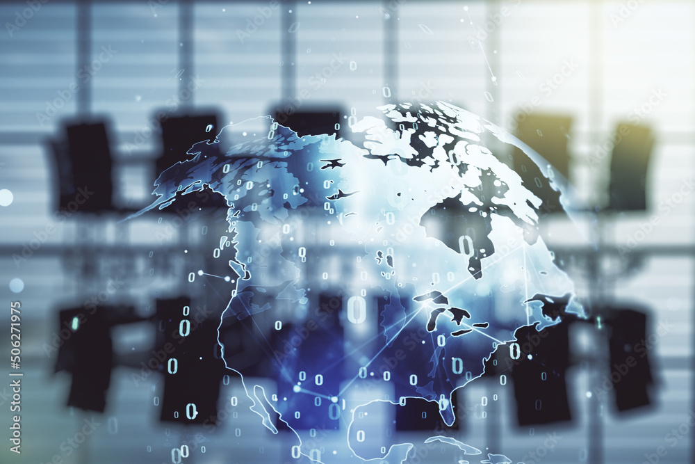 Aufkleber multi exposure of abstract programming language hologram and world map on a modern furnished office 