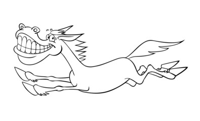 Illustration isolated on white. Happy cartoon horse galloping. Vector outline image of a running horse. Funny joyful cartoon horse.
