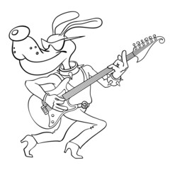 Fototapeta premium Cartoon dog plays rock music on the electric guitar. Funny cartoon dog musician. Vector outline image of a guitarist dog. Illustration isolated on white.