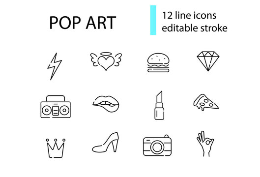Pop art outline icons collection. Vintage design. Pizza, burger and hand poses. Isolated vector stock illustration