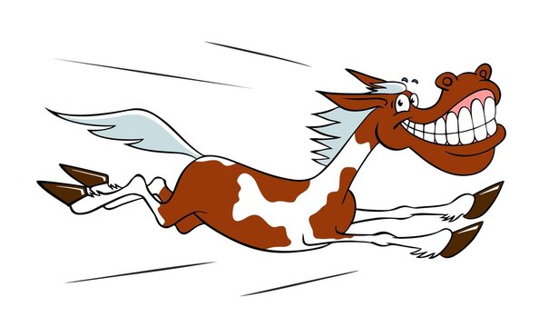 American paint horse. Vector illustration isolated on white. Funny joyful cartoon horse. American spotted horse. Joyful cartoon galloping horse.