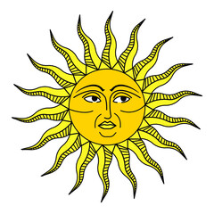 traditional medieval sun emblem as seen on hand drawn artisan decorations depicting heavenly bodies and the solar system.