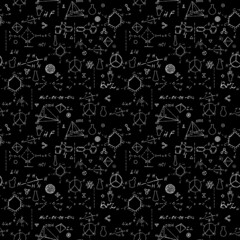 Hand draw chemistry pattern on black background. Back to School seamless pattern. Science lab subject. Education notes in exercise book page. Chemical study paper. Endless illustration. Vector.