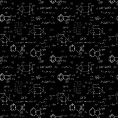 Seamless chemistry scribbles at school chalk board. Blackboard formulas pattern. The concept of education and back to school. Hand writing, endless pattern molecules structures bonds together. Vector.
