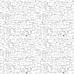 Fototapeta premium Chemistry seamless pattern with handwriting of various formulas and molecules structures and diagrams. Atom geometry. College lectures. Scientific study as former Alchemy. Vector.