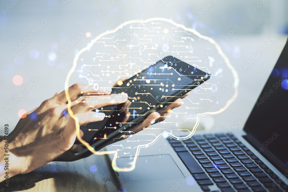 Aufkleber Double exposure of creative human brain microcircuit and hand working with a digital tablet on background. Future technology and AI concept