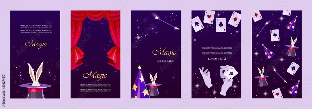 Wall mural a set of magical vertical tickets for the show. wizard's hat with a hare and a magic wand. horizonta