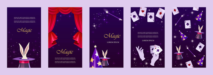 A set of magical vertical tickets for the show. Wizard's hat with a hare and a magic wand. Horizontal isolated template for landing page, business card, flyer, banner, poster, invitation. Vector  - obrazy, fototapety, plakaty