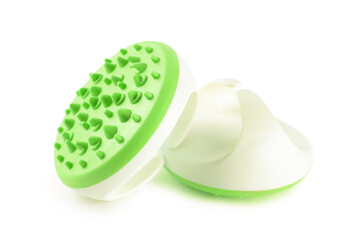 Hand massager with silicone spikes for anti-cellulite massage procedure isolated on white background. Massage brush tool for problem body zone, self-care, health care, body therapy.