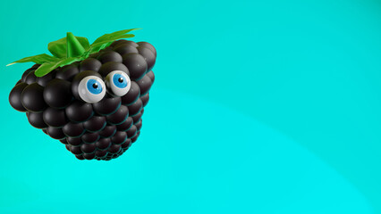 3D Illustration of a Funny fresh Cartoon juicy Blackberry with big blue eyes on a blue teal background - 3840 x 2160 px