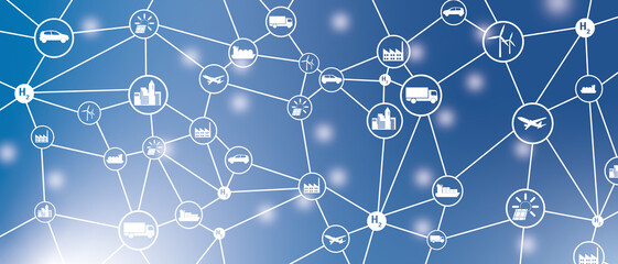 Netzwerk mit Wasserstoff, Verkehrsmittel und Produktion