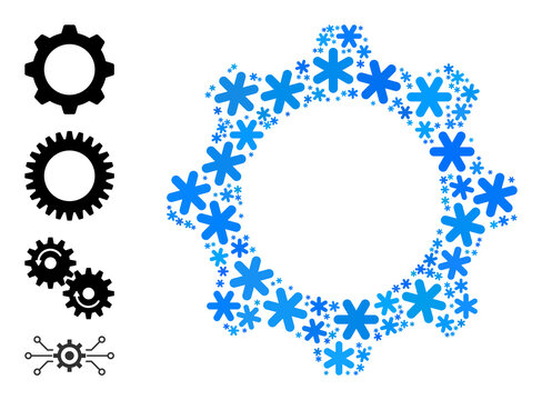 Mosaic gearwheel icon is done for winter, New Year, Christmas. Gearwheel icon mosaic is composed with light blue snow parts. Some similar icons are added.