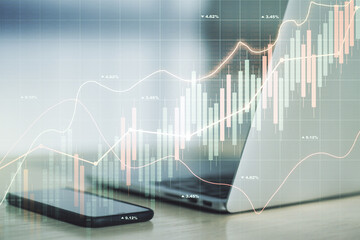 Multi exposure of abstract creative financial chart on computer background, research and analytics concept