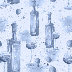 Watercolor seamless pattern with a picture of a bottle of wine, a wine glass, a glass with red wine, a berry, a glaze. Vintage illustration.  Postcard, card, logo.On a white background.