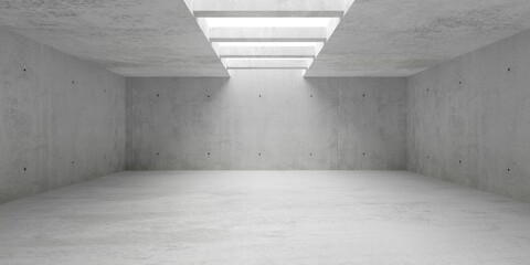 Abstract empty, modern concrete room with indirect lighting from ceiling beams and concrete floor - industrial interior background template