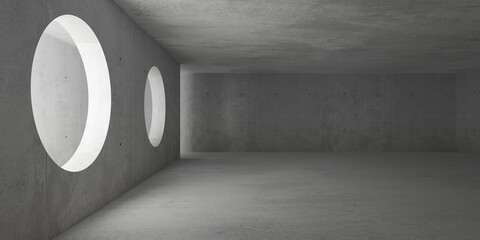 Abstract empty, modern concrete room with indirect lighting and divider wall with circular openings on the left and rough concrete floor - industrial interior background template