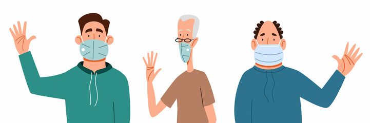 Fashionable men in medical masks say hello. A set of flat vector illustrations with a gesture of greeting people.