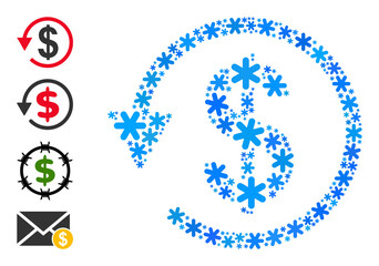 Composition dollar chargeback icon is done for winter, New Year, Christmas. Dollar chargeback icon mosaic is organized with light blue snow items. Some bonus icons are added.