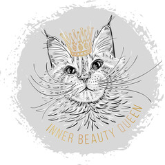 Line art maine coon cat sketch with gold crown for print design. Vector drawing. Cute symbol. Beautiful cartoon character. White isolated background. Big kitty.