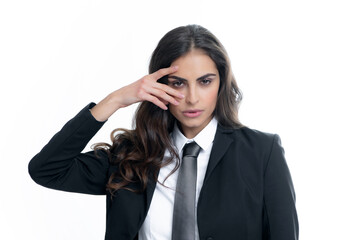 Fototapeta premium Sexy sensual business woman portrait. Fashion businesswoman in suit isolated on white studio background. Business women vogue style. Female employee young secretary.