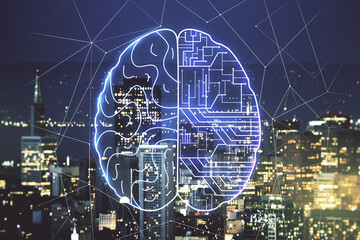Virtual creative artificial Intelligence hologram with human brain sketch on San Francisco cityscape background. Double exposure
