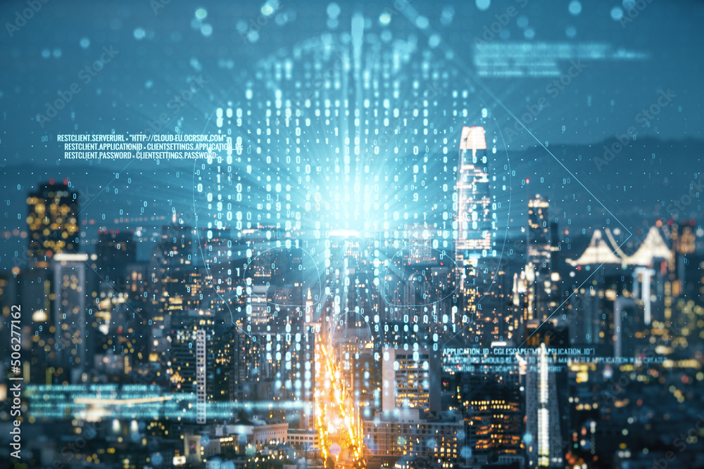 Poster abstract virtual code skull illustration on san francisco skyline background. hacking and phishing c