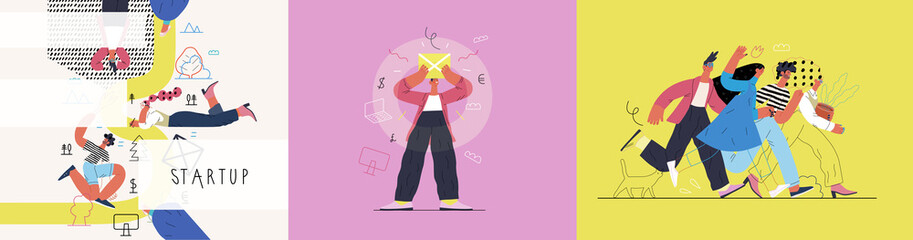 Startup illustrations set. Flat line vector modern concept illustration of people, startup metaphor. Concept of building new business, planning, strategy, teamwork and management. Company processes