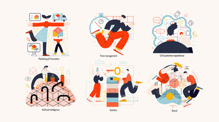 Technology Memphis illustrations -marketing and promotion, company brand promotion, time management, CX customer experience, artificial intelligence, solution, company brand promotion