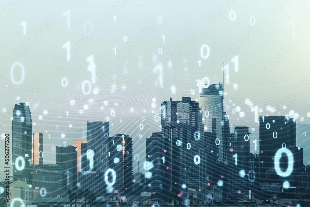 Poster abstract virtual binary code illustration on los angeles skyline background. big data and coding con