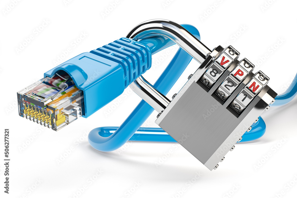 Poster VPN, internet security and data protection concept. Network ethernet cable locked with code lock.