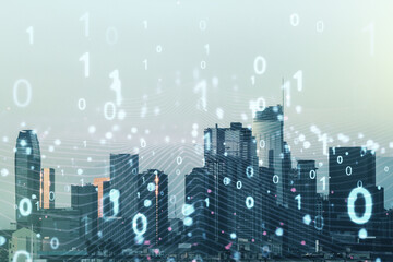 Abstract virtual binary code illustration on Los Angeles skyline background. Big data and coding...