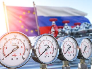 Gas pipeline with gauge with zero pression and EU European Union and Russia flags. Energy crisis and sacctions concept. - obrazy, fototapety, plakaty