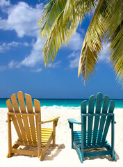 Beach chairs on a white sand coast under palm branch