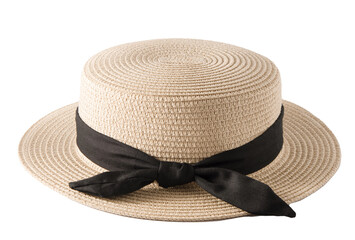 Small-brimmed straw boater hat with black band. Canotier - Summer French straw hat of rigid shape with a cylindrical crown and straight, rather narrow brim. Concept summer fashion clothing accessories - obrazy, fototapety, plakaty