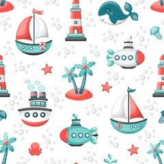 Fototapeta na wymiar Seamless pattern with sailing boats, submarine, lighthouse, whale and tropical beach. Vector illustration.