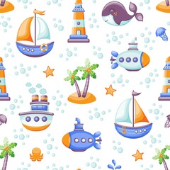 Seamless pattern with sailing boats, submarine, lighthouse, whale and tropical beach. Vector illustration.