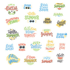 Colourful summer lettering set in modern style. Hand-drawn holiday decorations. Isolated vector illustration designs with summer elements. Vector typography collection.