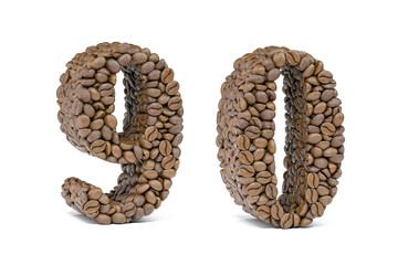 Number 9 nine and number 0 zero four from coffee bean isoilated on white. Coffee alphabet font.