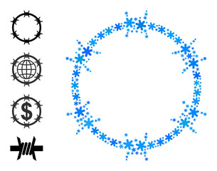 Mosaic barbed wire circle icon is designed for winter, New Year, Christmas. Barbed wire circle icon mosaic is designed from light blue ice crystals. Some bonus icons are added.