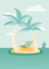 Illustration of two palmas and sun chair on the island in the sea.