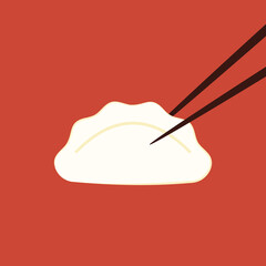 Hot dumplings and chopsticks on red background. Steamed dim sum or bun illustration for restaurant logo. Asian food icon for Japanese.
