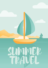 Summer postcard. Illustration of the sailboat in the sea.