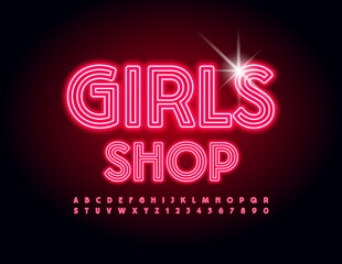 Vector bright emblem Girls Shop with pink neon glowing Font. Light tube Alphabet Letters and Numbers set