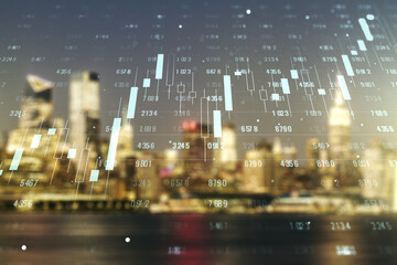 Multi exposure of abstract virtual graphic data spreadsheet sketch on blurry skyscrapers background, analytics and analysis concept