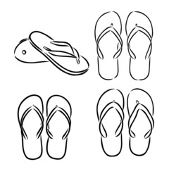 Pair of flip flops, summer time vacation attribute, slippers, shoes, sketch style vector black and white illustration isolated on white background. Hand drawn flip flops, sandals, symbol of summer