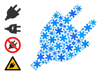 Composition electric plug icon is organized for winter, New Year, Christmas. Electric plug icon mosaic is constructed of light blue snow icons. Some similar icons are added.