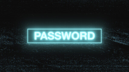 Glow Neon Password Text with Glitch noise static television VFX. Visual video effects stripes background, CRT tv screen no signal glitch effect