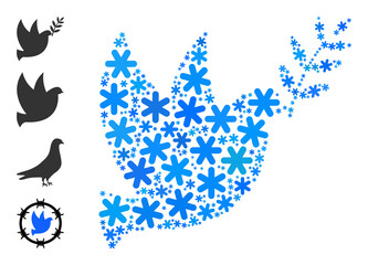 Mosaic peace dove pictogram is constructed for winter, New Year, Christmas. Peace dove icon mosaic is designed with light blue snow parts. Some similar icons are added.