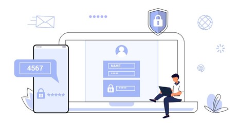 2fa Two factor authentication password secure notice login verification code Notice with code fo sign in Two steps factor verification via laptop and phone. Mobile OTP method Vector flat illustration
